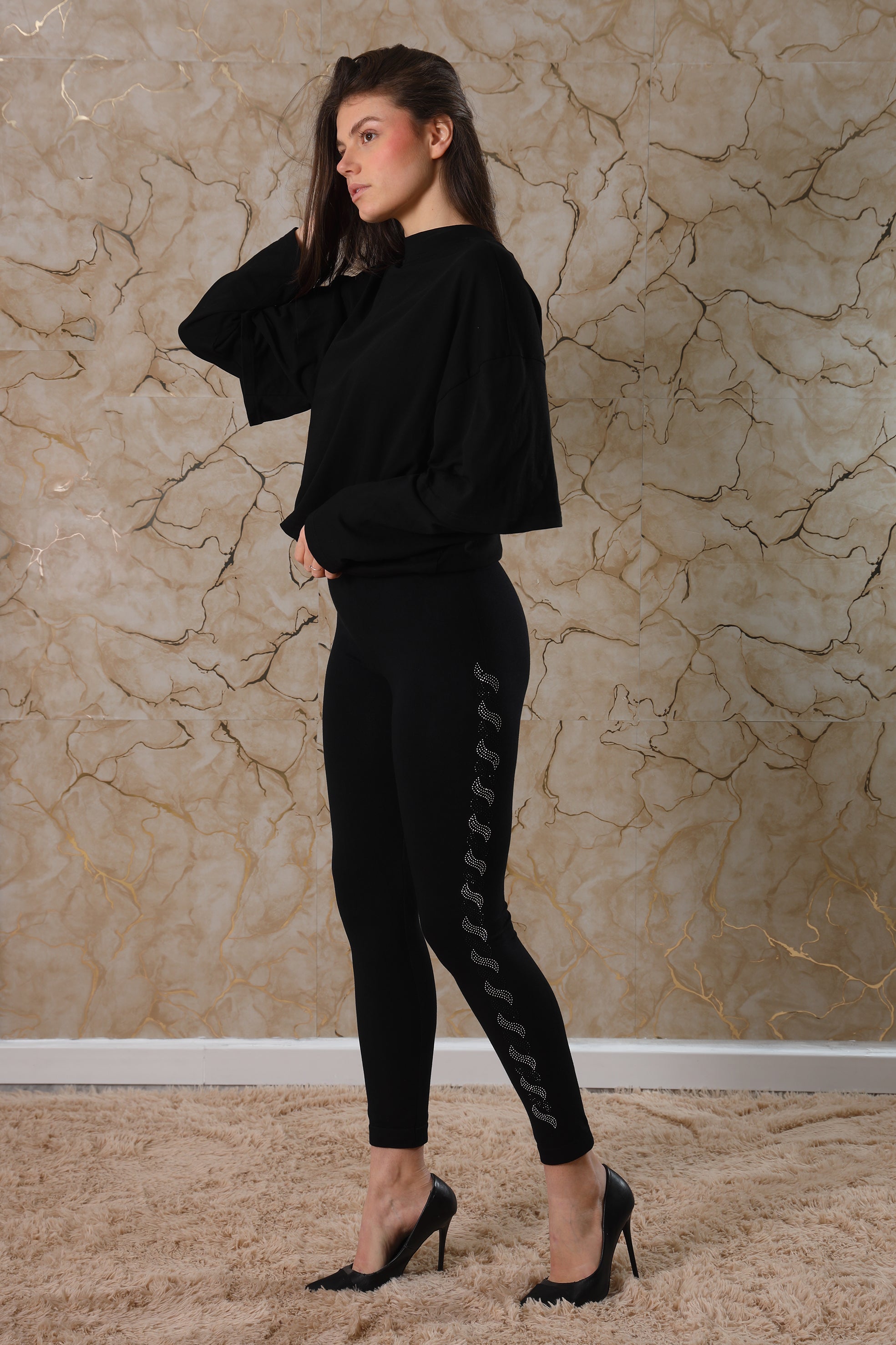 LEGGINGS IN COTONE CON STRASS LATERALI